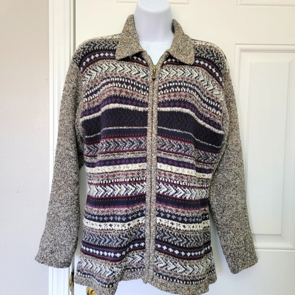 Le Moda Vintage Full Zip Collared Faire Isle Nordic Marled Wool Blend Sweater M
